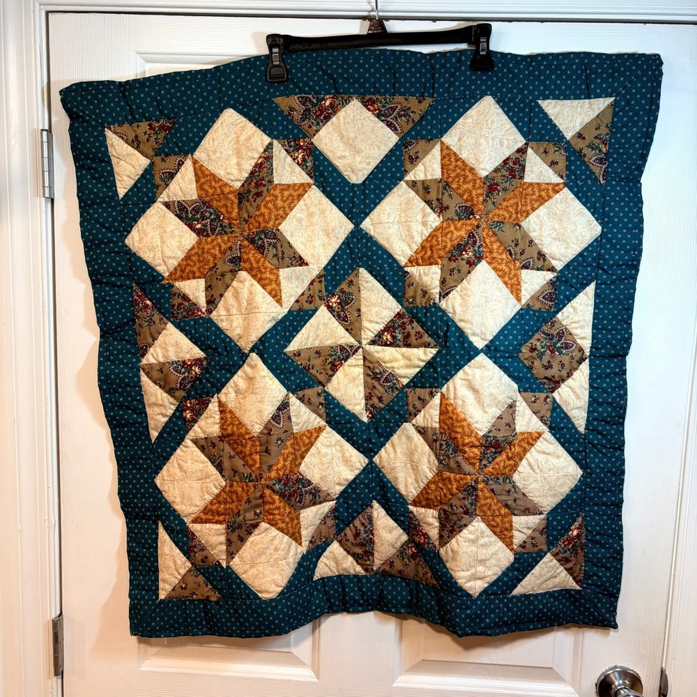 Handmade Star Patchwork Quilt Wall Hanging Teal Floral 31x31 Cottage Shabby Chic